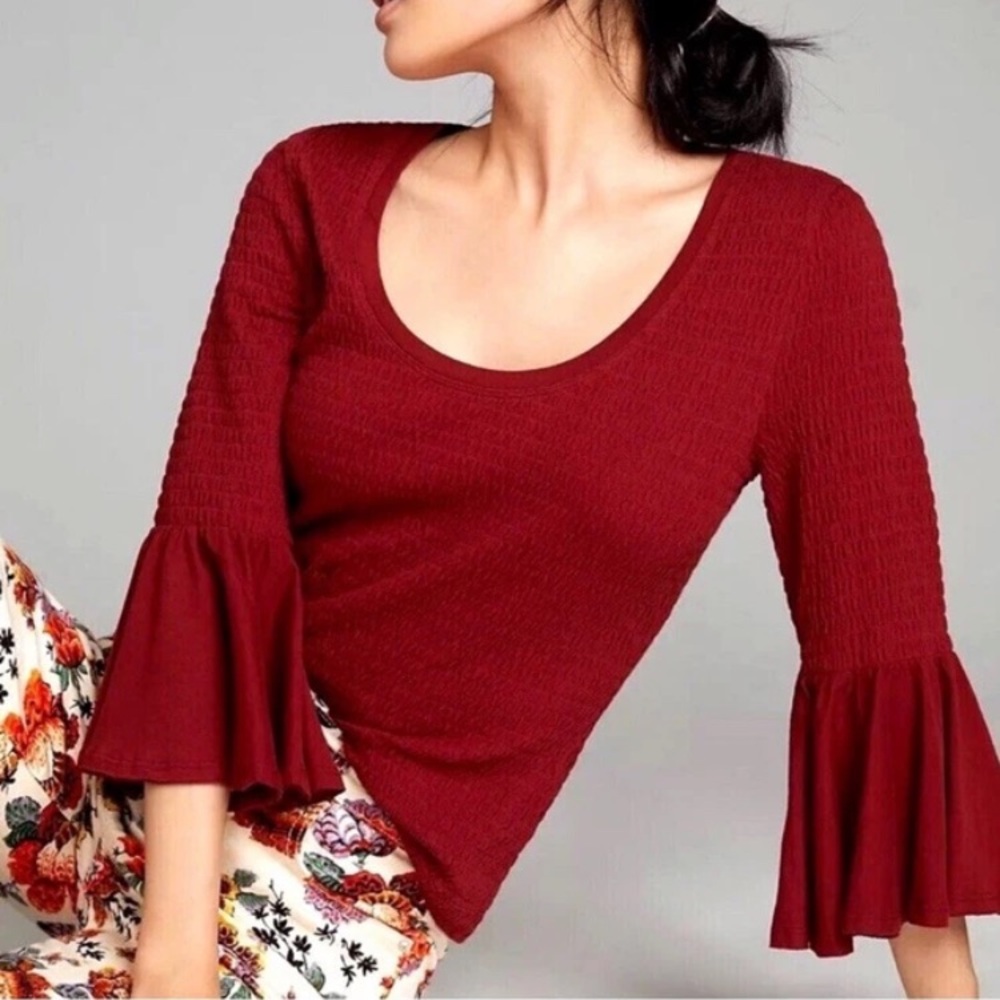 Anthropologie Rustic Red Textured Bell Sleeve Smocked Top Womens Sz. M Boho